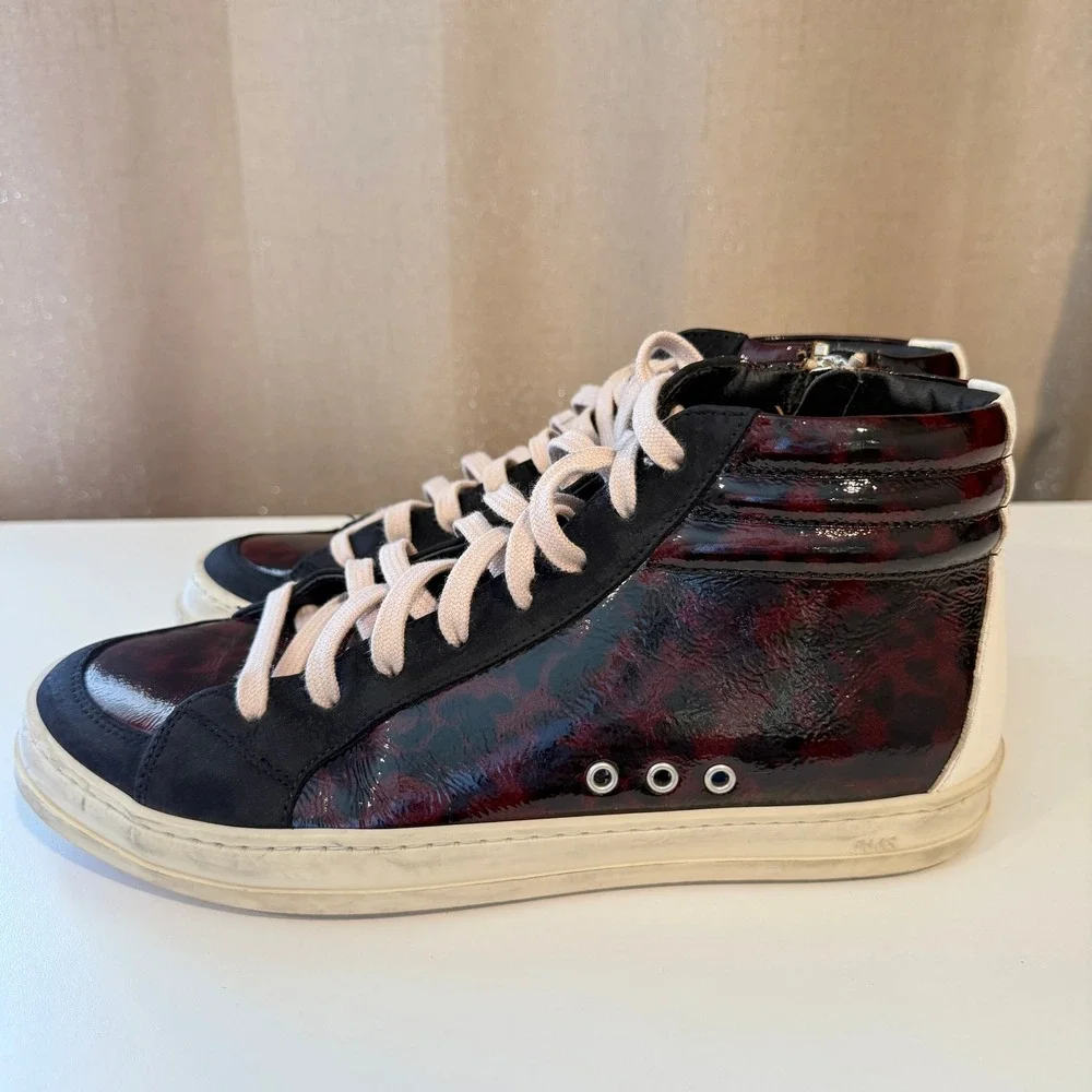 P448 Skate Burgundy Leopard Patent Leather High Top Sneakers Mens 38 Black Suede